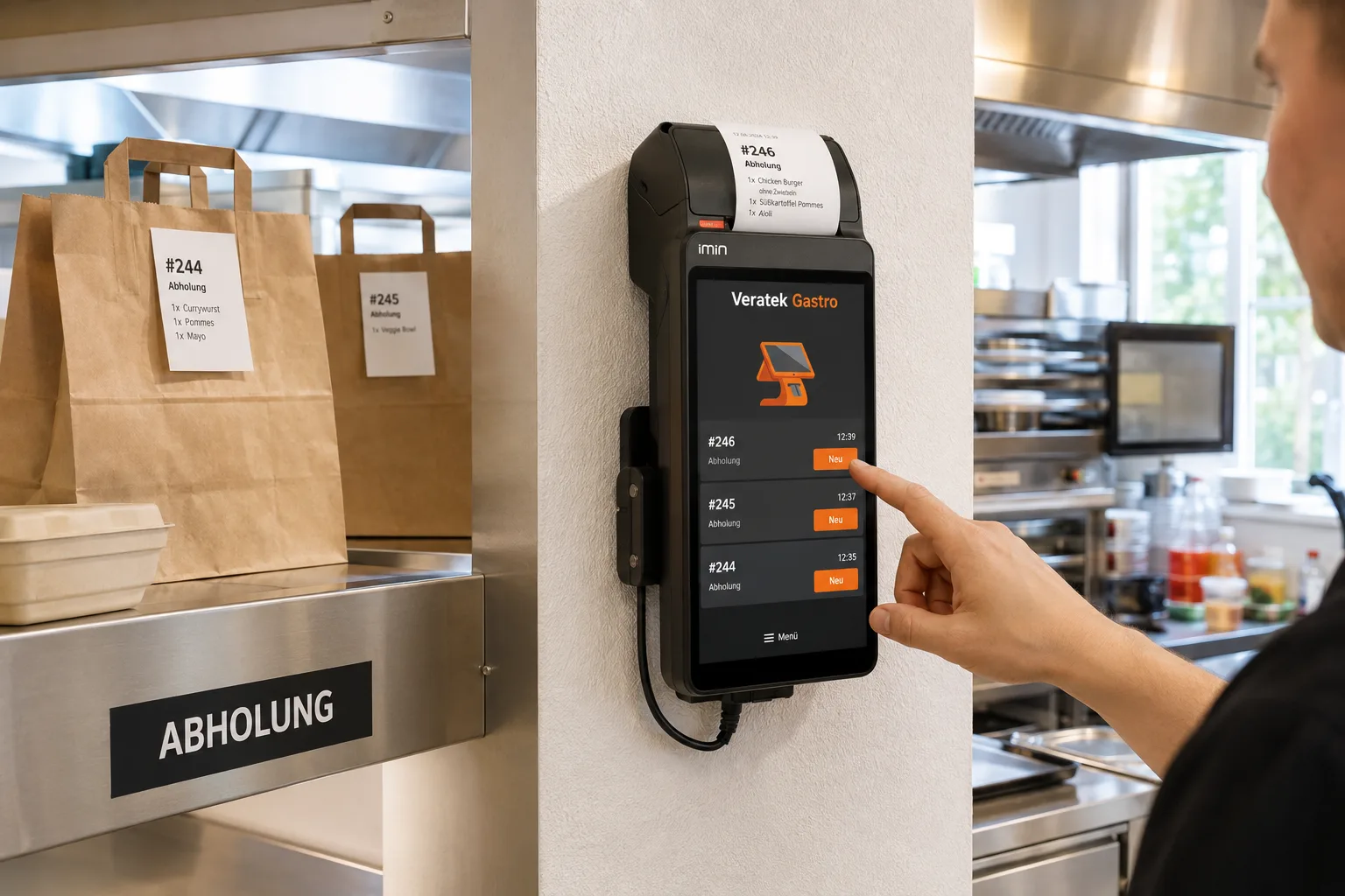 Das iMin Display an der Wand montiert, die Kabel sauber verlegt