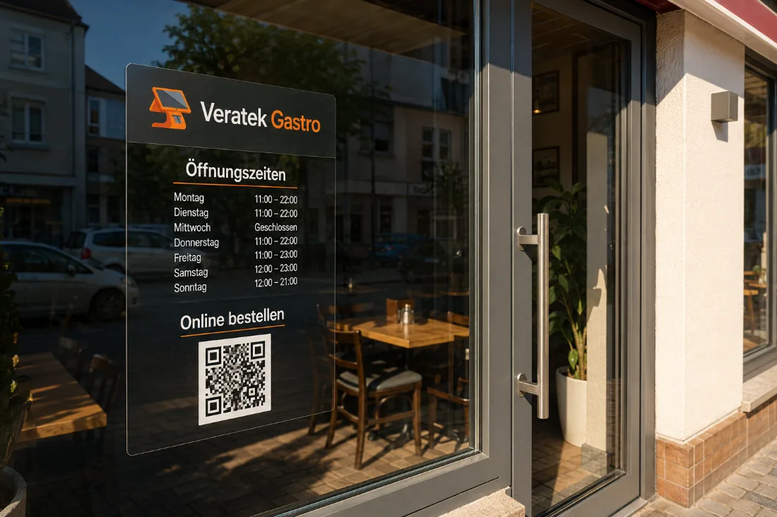 Ein Aufkleber an der Scheibe zeigt die Öffnungszeiten der Woche und den QR-Code zum Bestellen