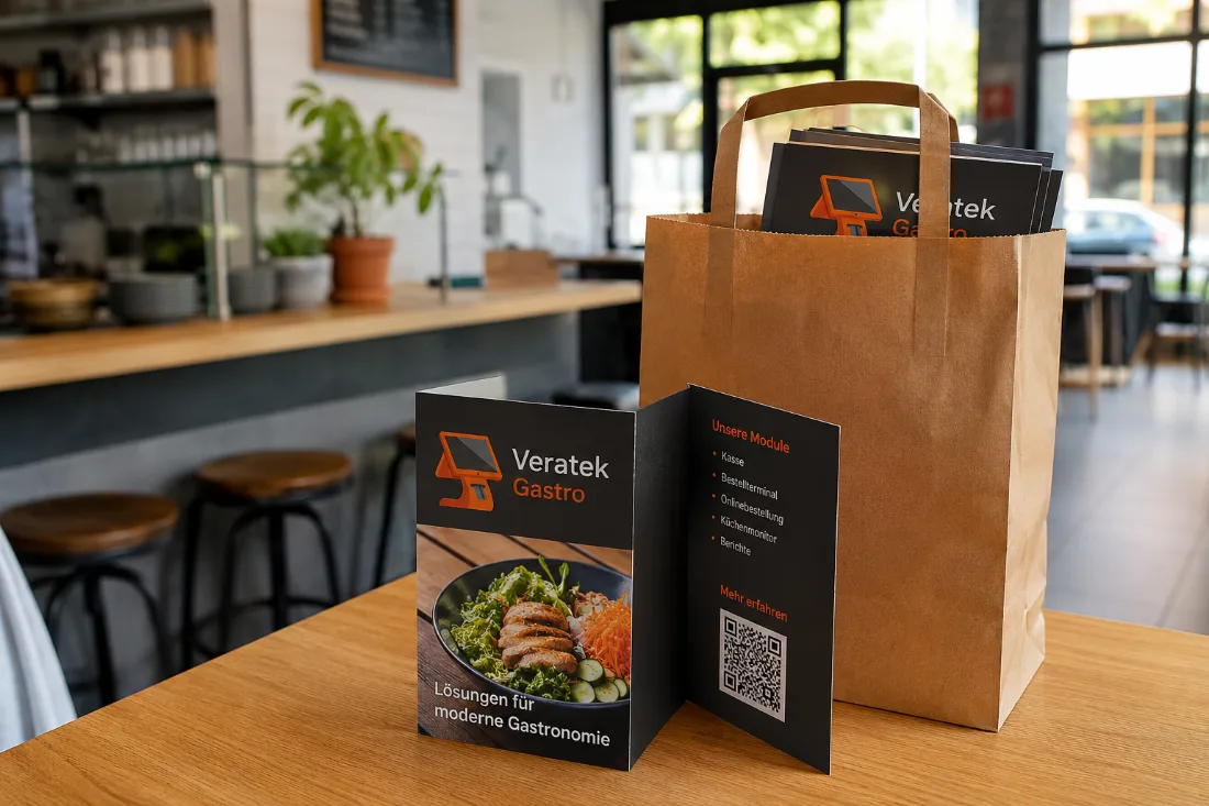 Zwei Flyer mit VeratekGastro-Logo stehen auf dem Tisch, daneben eine Papiertüte