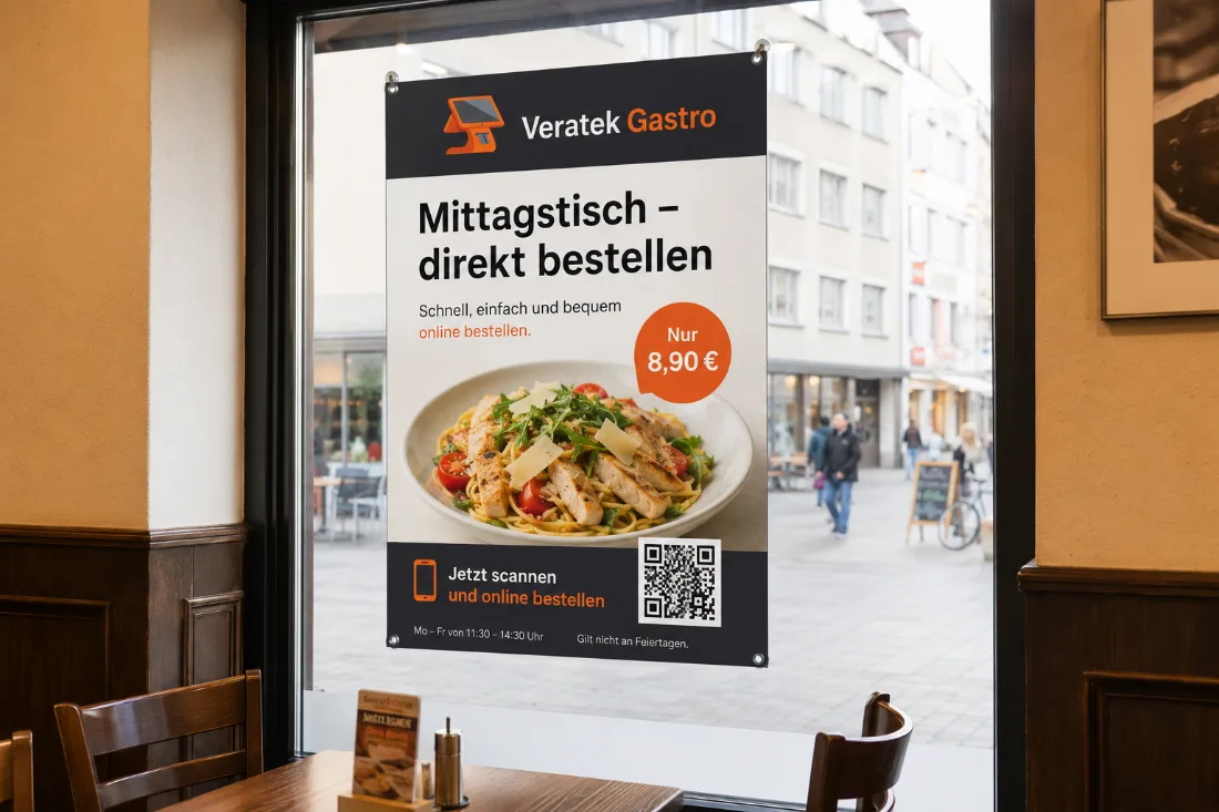 Ein Plakat im Schaufenster wirbt für den Mittagstisch, mit Foto des Gerichts und QR-Code