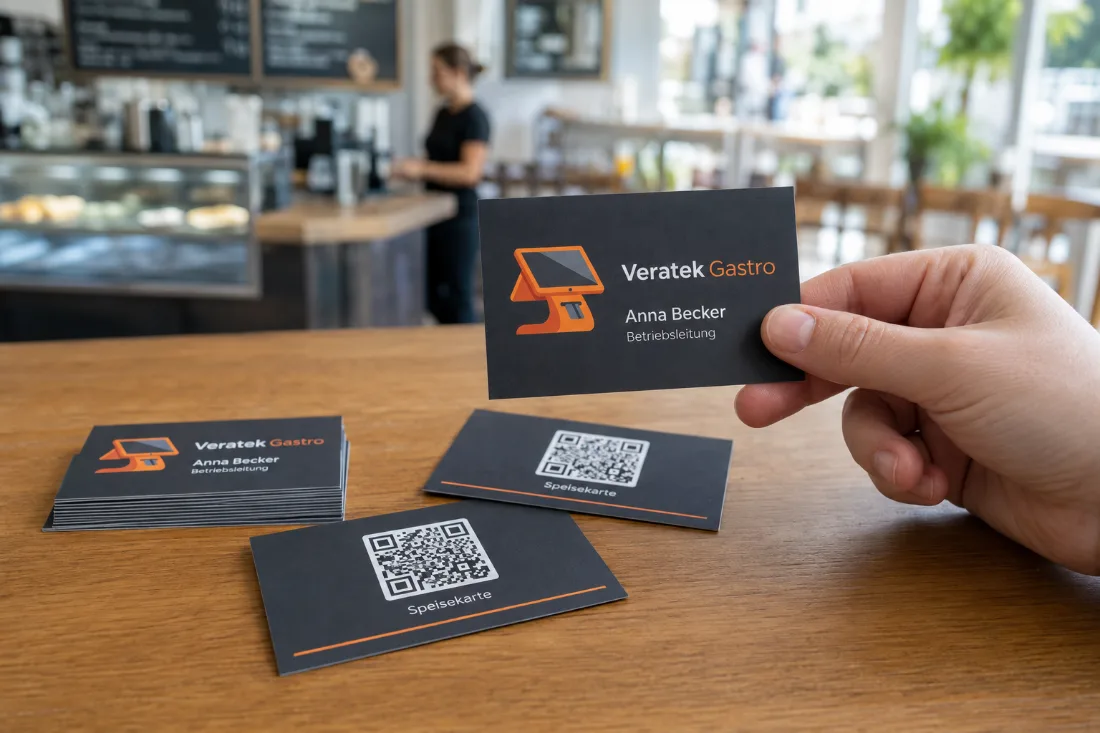 Mehrere Visitenkarten auf dem Tresen: vorne das Logo, hinten der QR-Code
