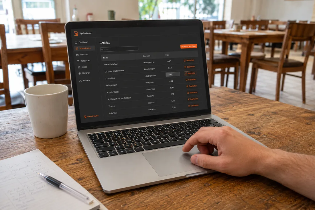Die Speisekarte wird am Laptop gepflegt: aus diesen Zeilen entstehen Karte, Flyer und Aufsteller