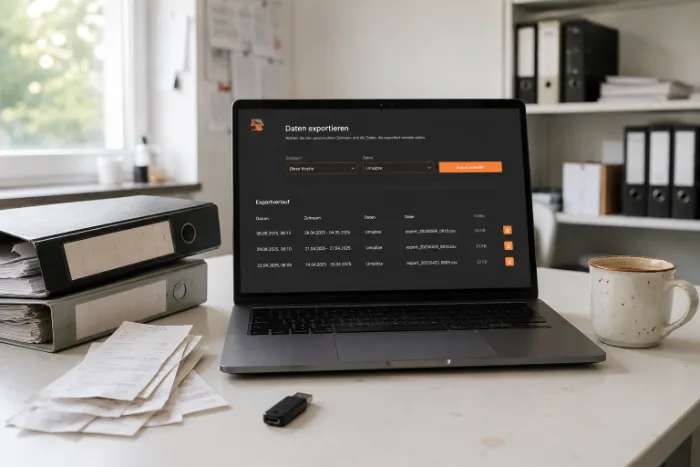 Ein Laptop mit dem Datenexport, daneben stehen Aktenordner