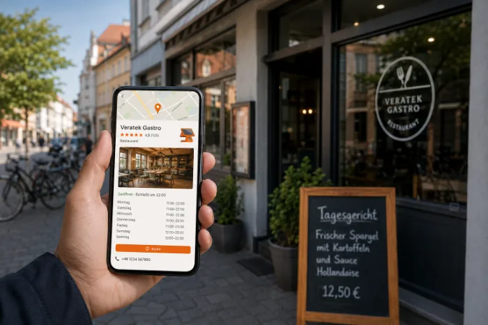 Ein Gast steht vor dem Lokal und sieht auf dem Handy den Eintrag mit Bewertung und Öffnungszeiten