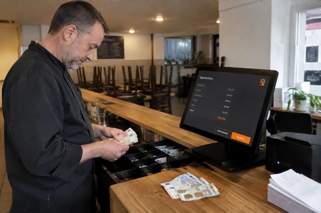 Nach Feierabend am Tresen: der Tagesabschluss liegt gedruckt neben der Kasse