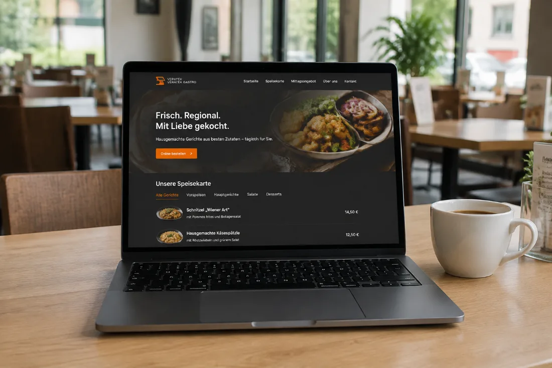 Die eigene Webseite eines Restaurants auf einem Laptop: Speisekarte mit Preisen und Bestellknopf