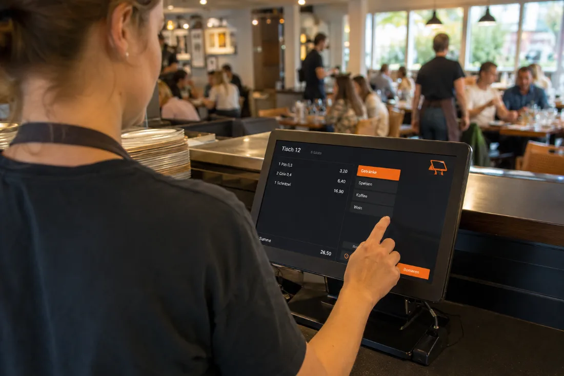 Über die Schulter: eine Servicekraft tippt die Bestellung am Kassenterminal ein