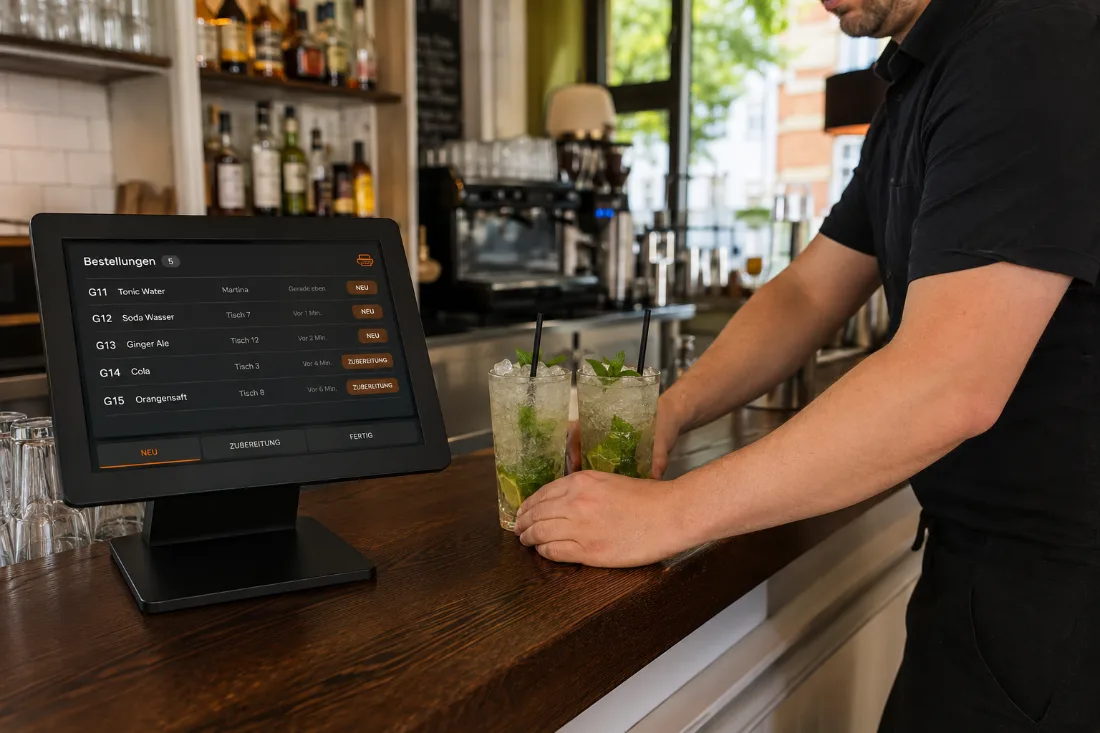 Der Stationsbildschirm an der Bar, dahinter mixt der Barkeeper