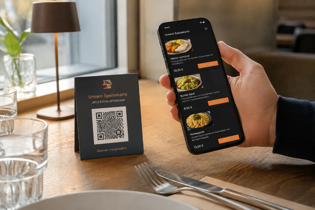 Ein Aufsteller mit QR-Code auf dem Tisch, der Gast hat die Karte schon auf dem Handy