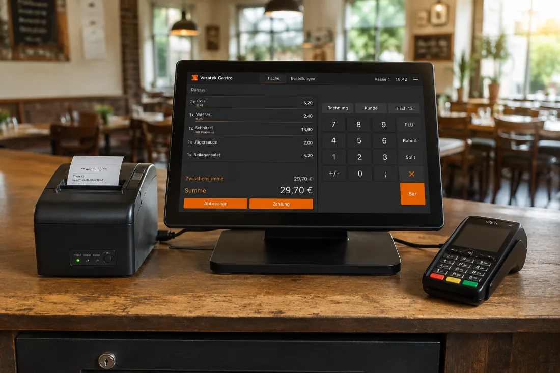 Ein kompletter Kassenplatz auf dem Holztresen: Terminal, Bondrucker und Kartenleser