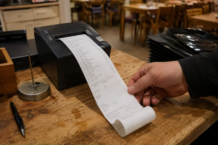 Der Tagesbericht läuft lang aus dem Bondrucker, eine Hand hält das Papier